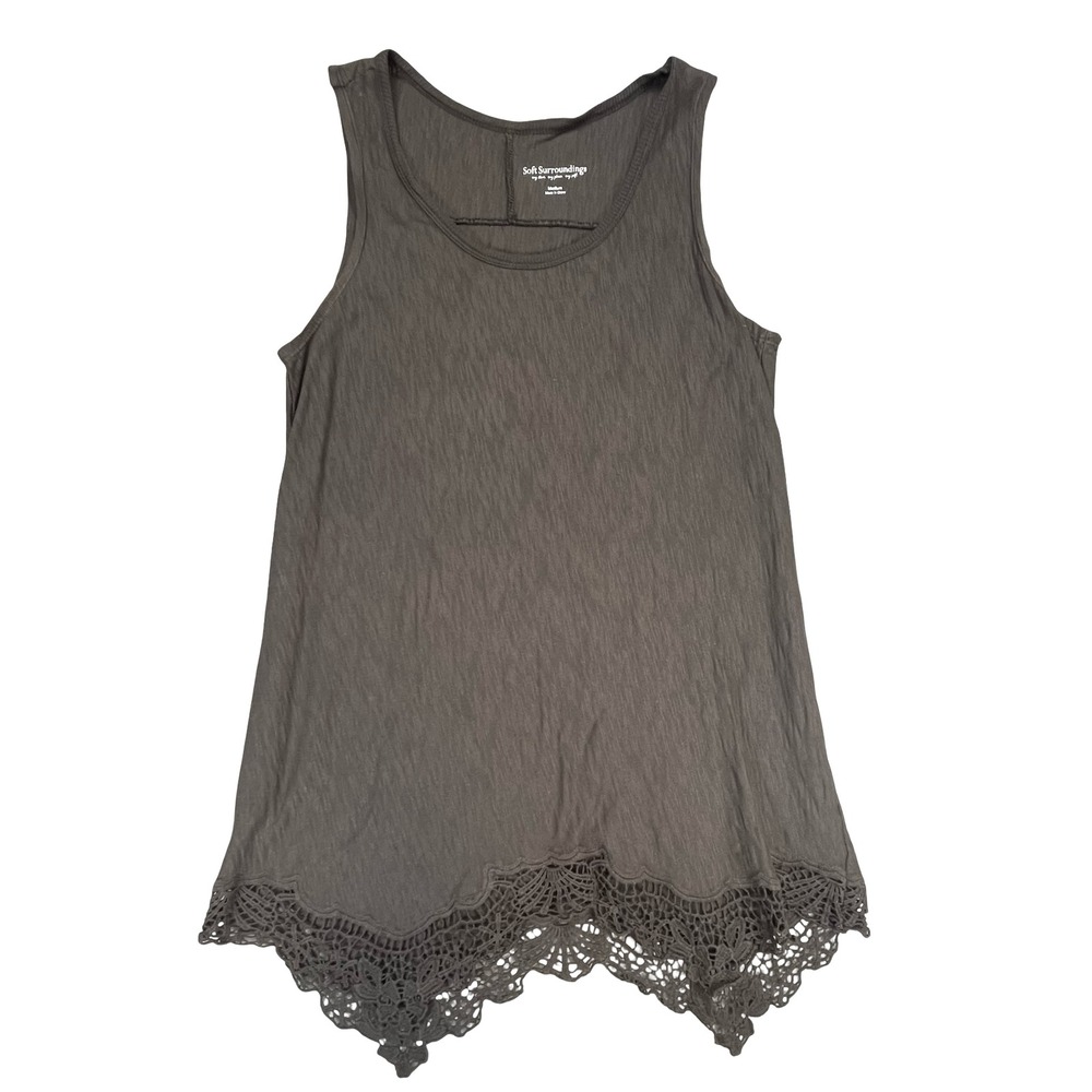 Soft Surroundings Womens‎ Tank Top Grey Crochet Lace Hem Boho Casual Medium